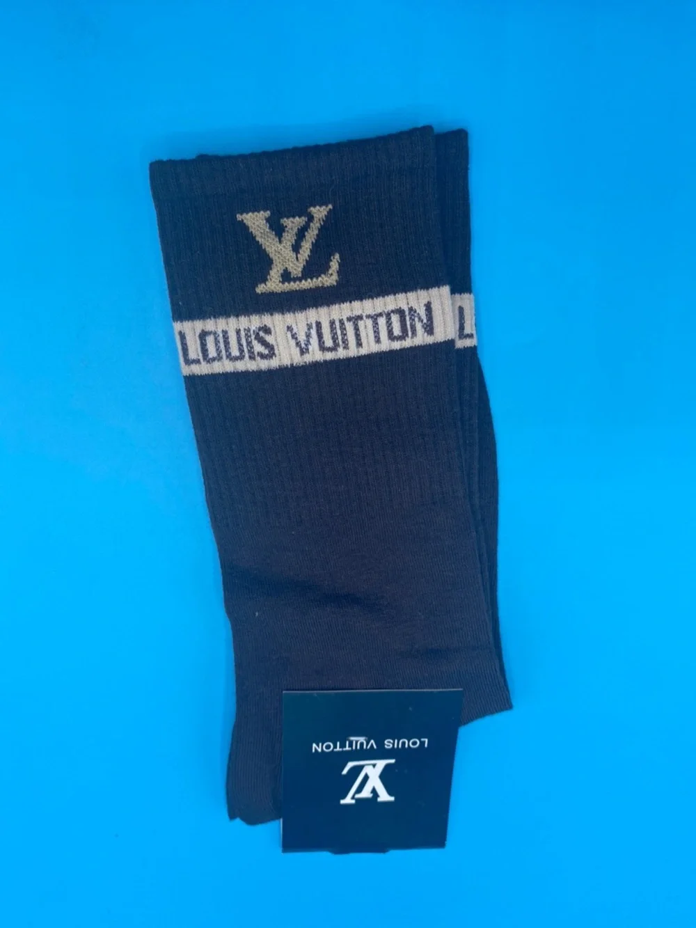 Louis Vuitton Black Crew Socks with Cream Logo Stripe